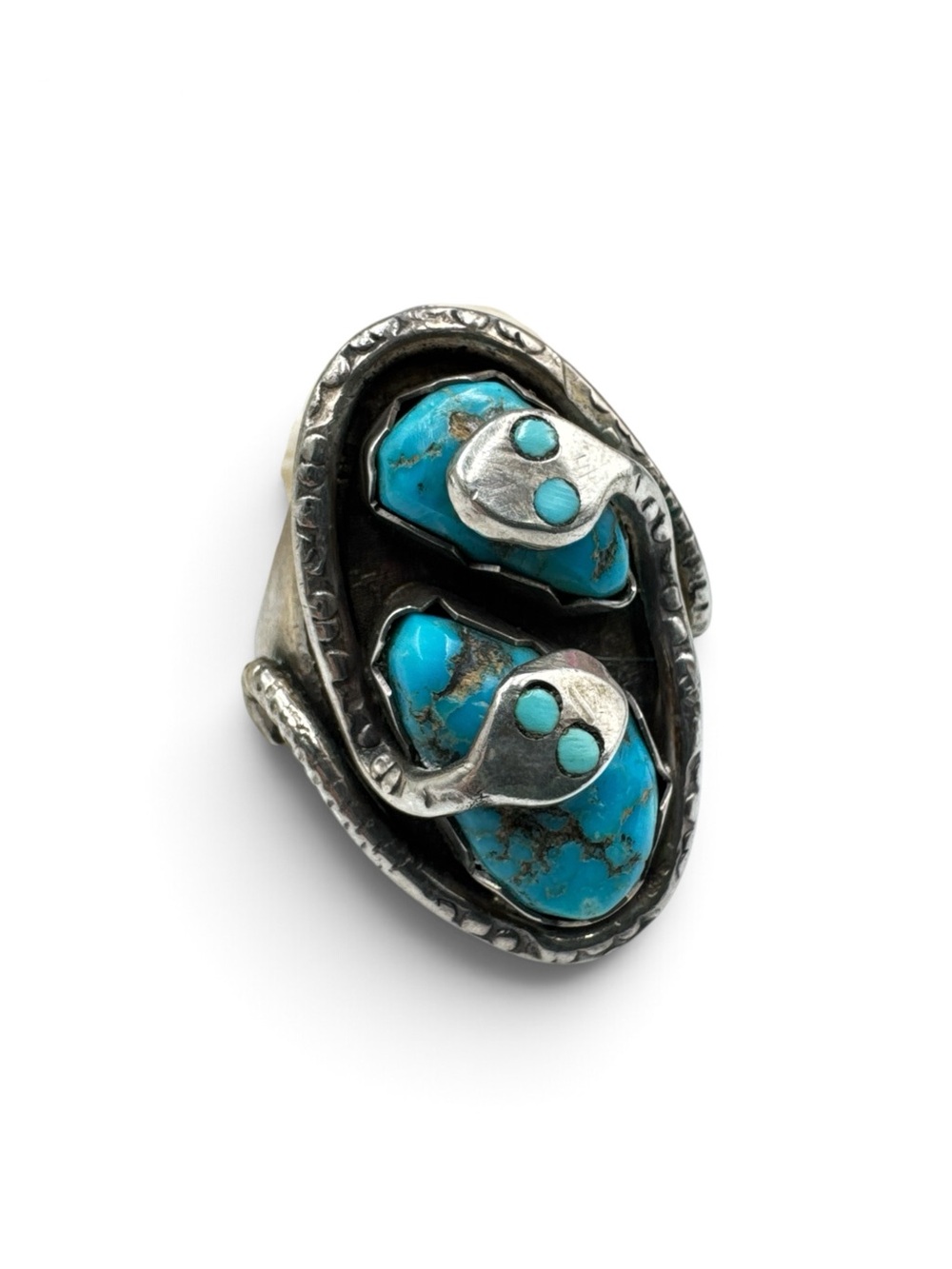 Vintage Zuni Gilbert Calavaza Sterling Turquoise Double Snake Eye Ring Size 10.5